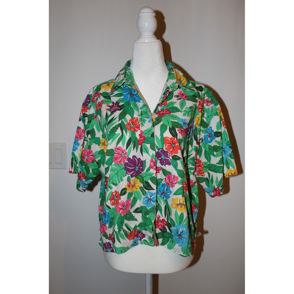 VTG Liz Sport Tropical Floral Cotton Button Down Shirt Women's Size Large